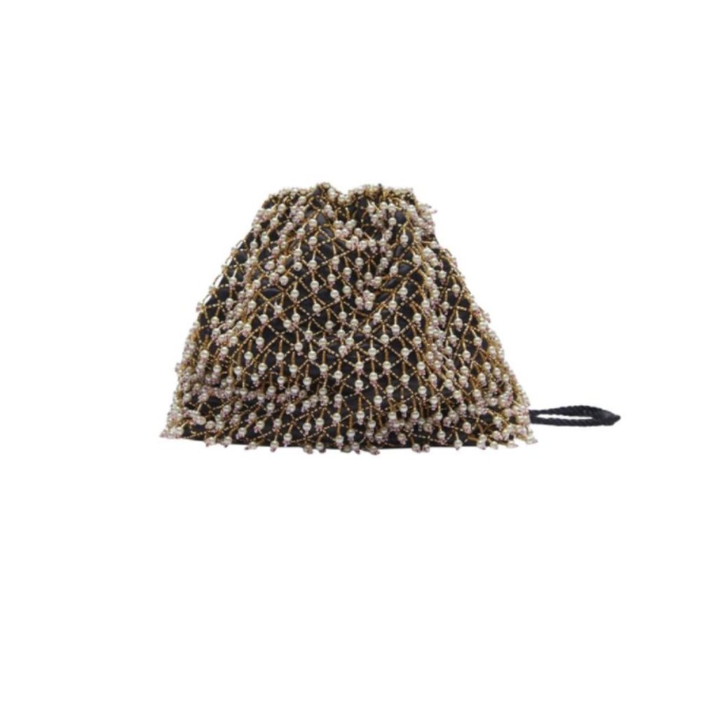 NWT Zara Pearl Beaded Black Velvet Bucket Bag